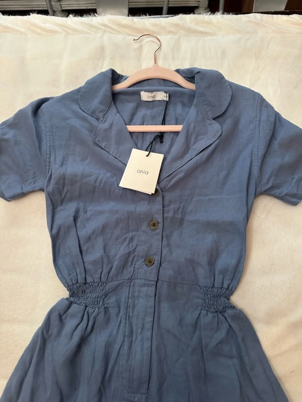 New! Onia Denim Blue Camp Collar Linen Playsuit Romper XS NWT 38620